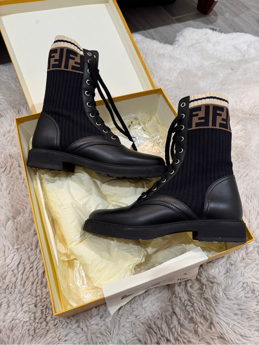 Fendi Black Knit Combat Boots with Logo Cuff